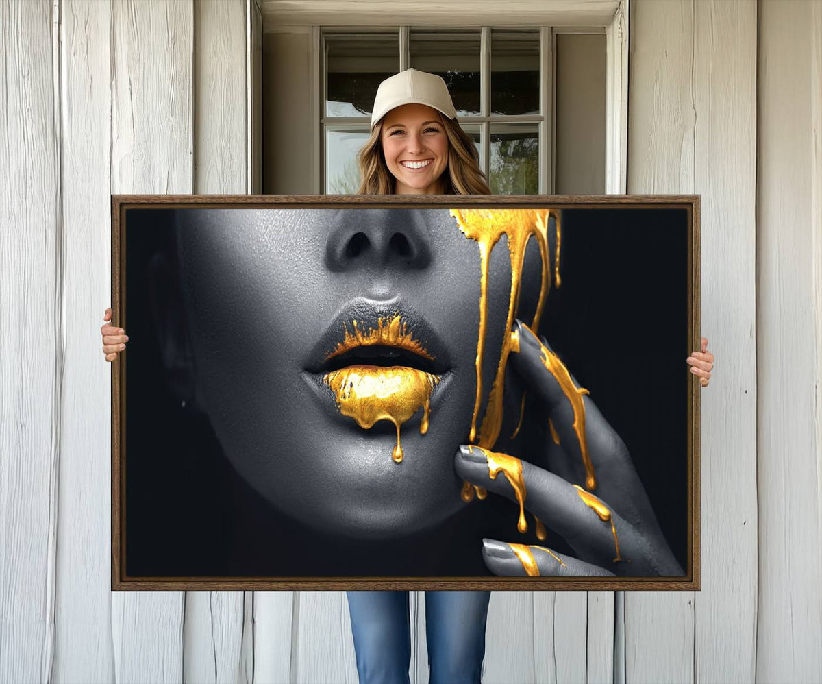 Gold Glitter Lips Fashion Photography Wall Art Makeup Wall
