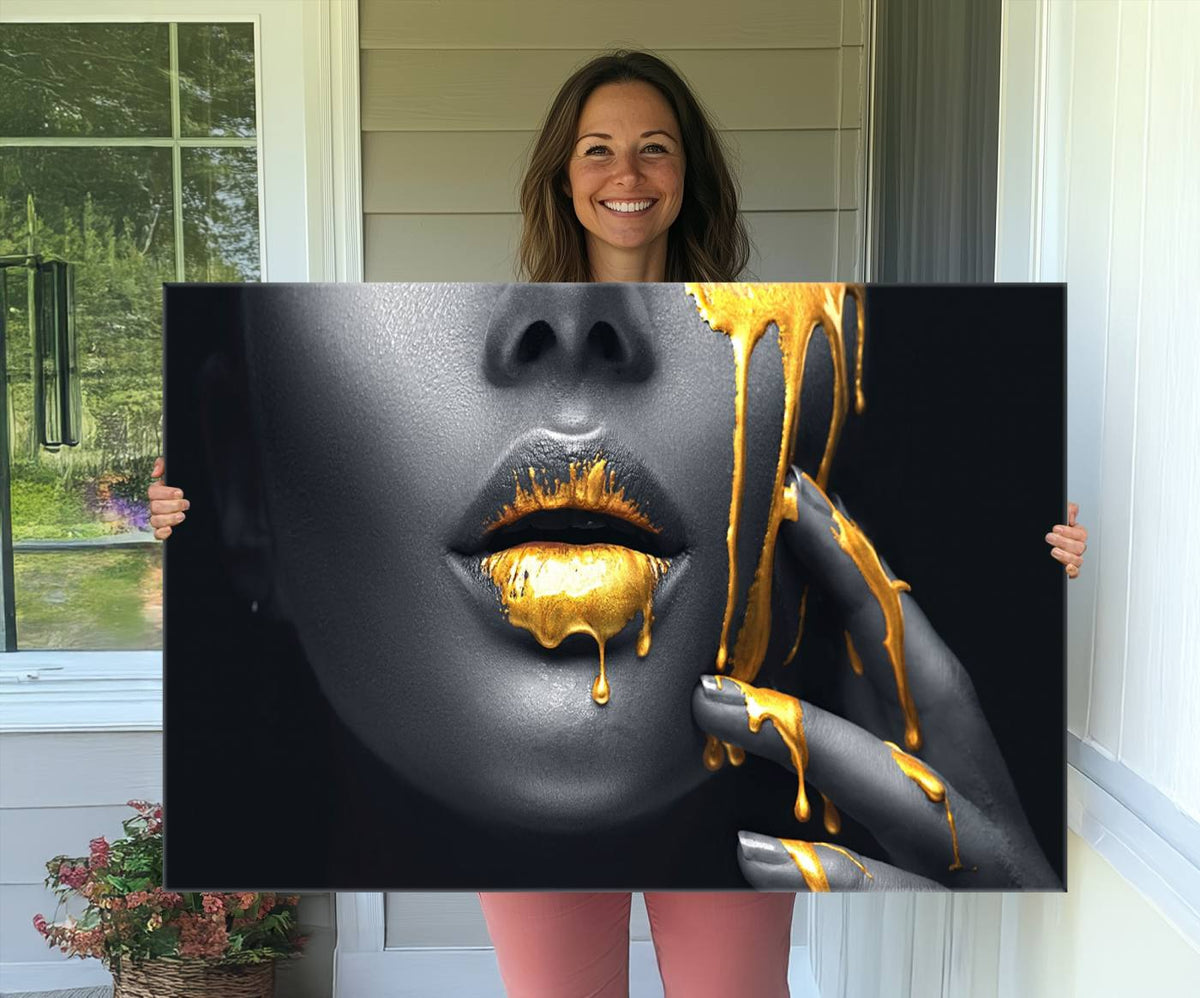 Gold Glitter Lips Fashion Photography Wall Art Makeup Wall