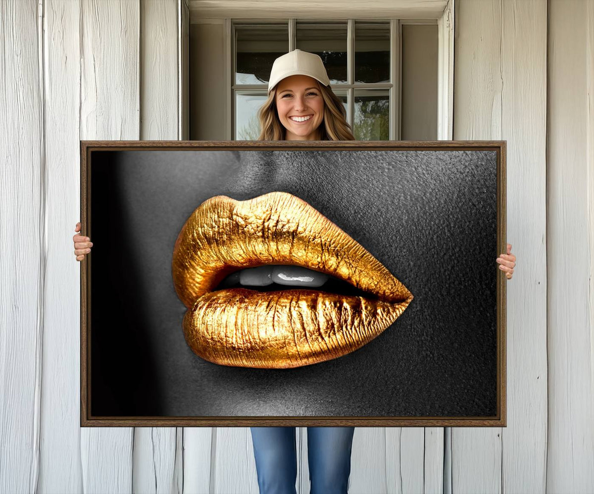 Gold Lips Canvas Wall Art Print Makeup Wall Art Fashion