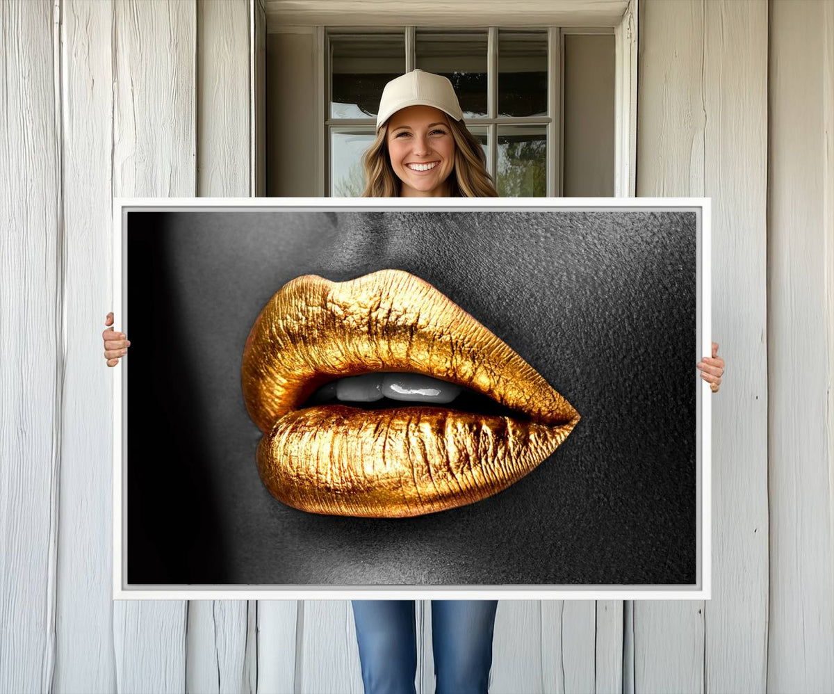 Gold Lips Canvas Wall Art Print Makeup Wall Art Fashion