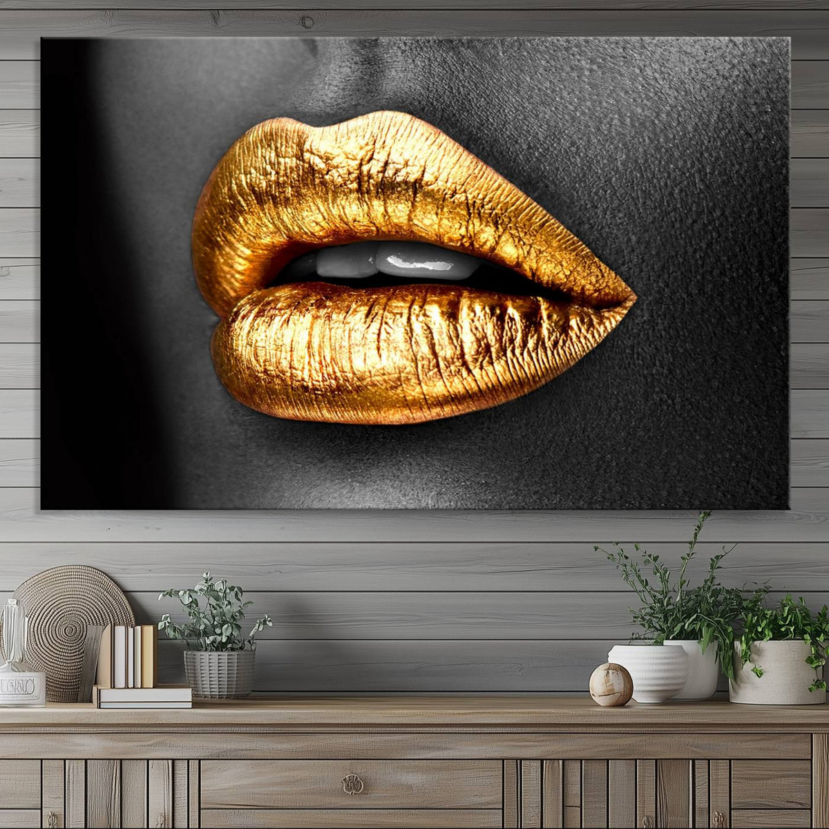 Gold Lips Canvas Wall Art Print Makeup Wall Art Fashion