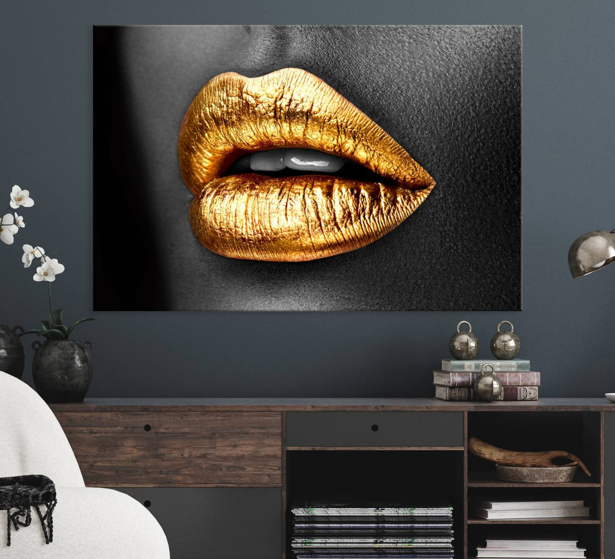 Gold Lips Canvas Wall Art Print Makeup Wall Art Fashion