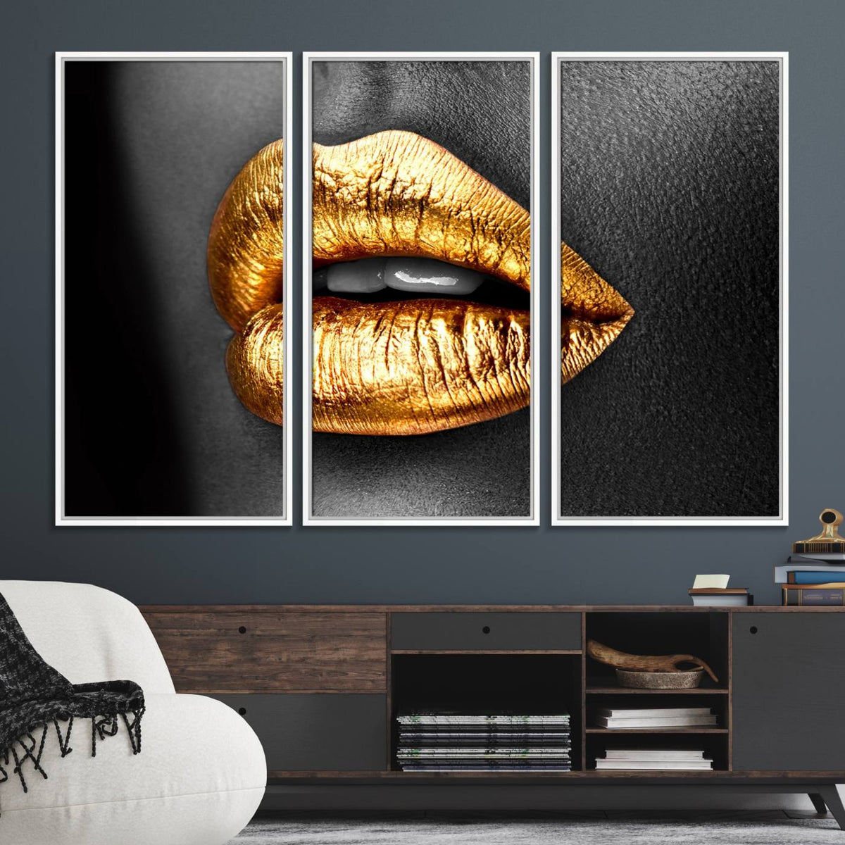 Gold Lips Canvas Wall Art Print Makeup Wall Art Fashion