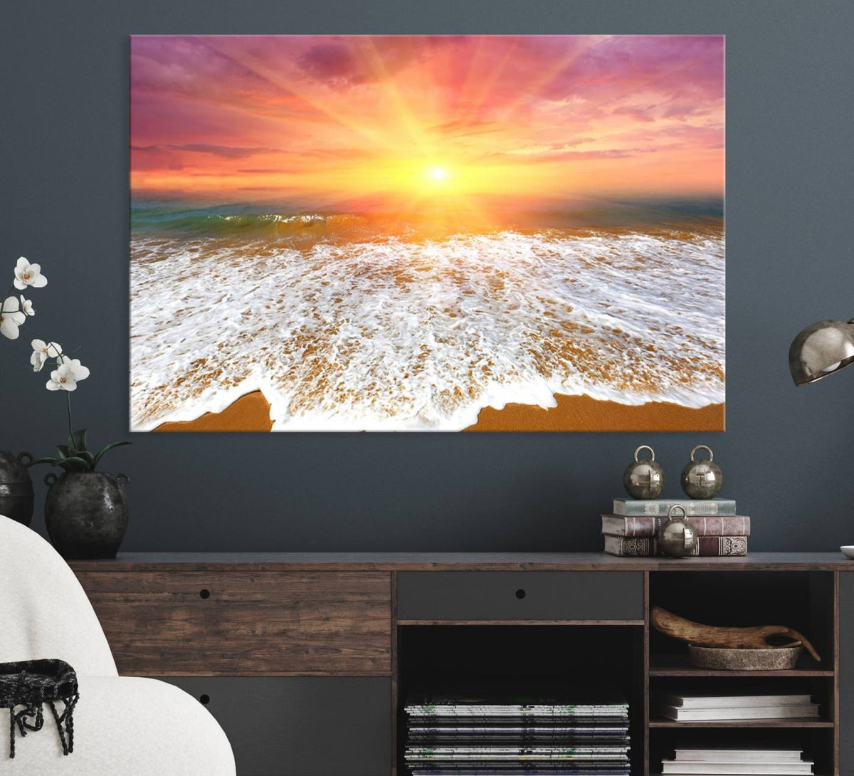 Golden Beach Sunrise Canvas Wall Art, 3-Panel Giclee Print