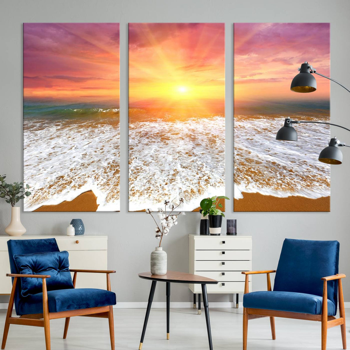 Golden Beach Sunrise Canvas Wall Art, 3-Panel Giclee Print
