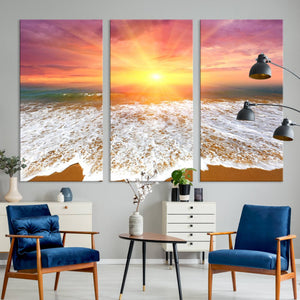 Golden Beach Sunrise Canvas Wall Art, 3-Panel Giclee Print