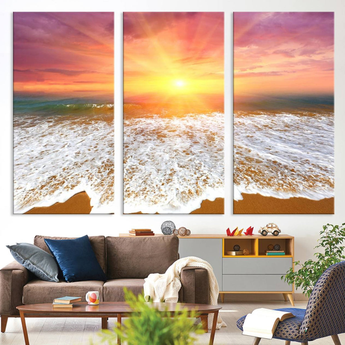 Golden Beach Sunrise Canvas Wall Art, 3-Panel Giclee Print