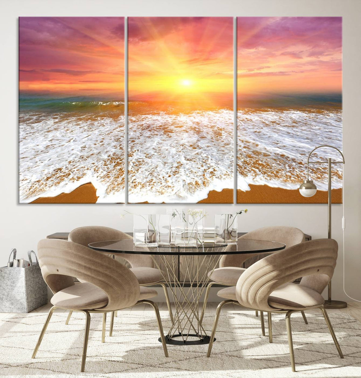 Golden Beach Sunrise Canvas Wall Art, 3-Panel Giclee Print