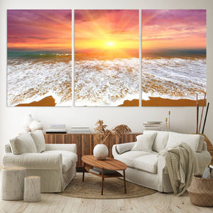 Golden Beach Sunrise Canvas Wall Art, 3-Panel Giclee Print