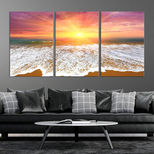 Golden Beach Sunrise Canvas Wall Art, 3-Panel Giclee Print