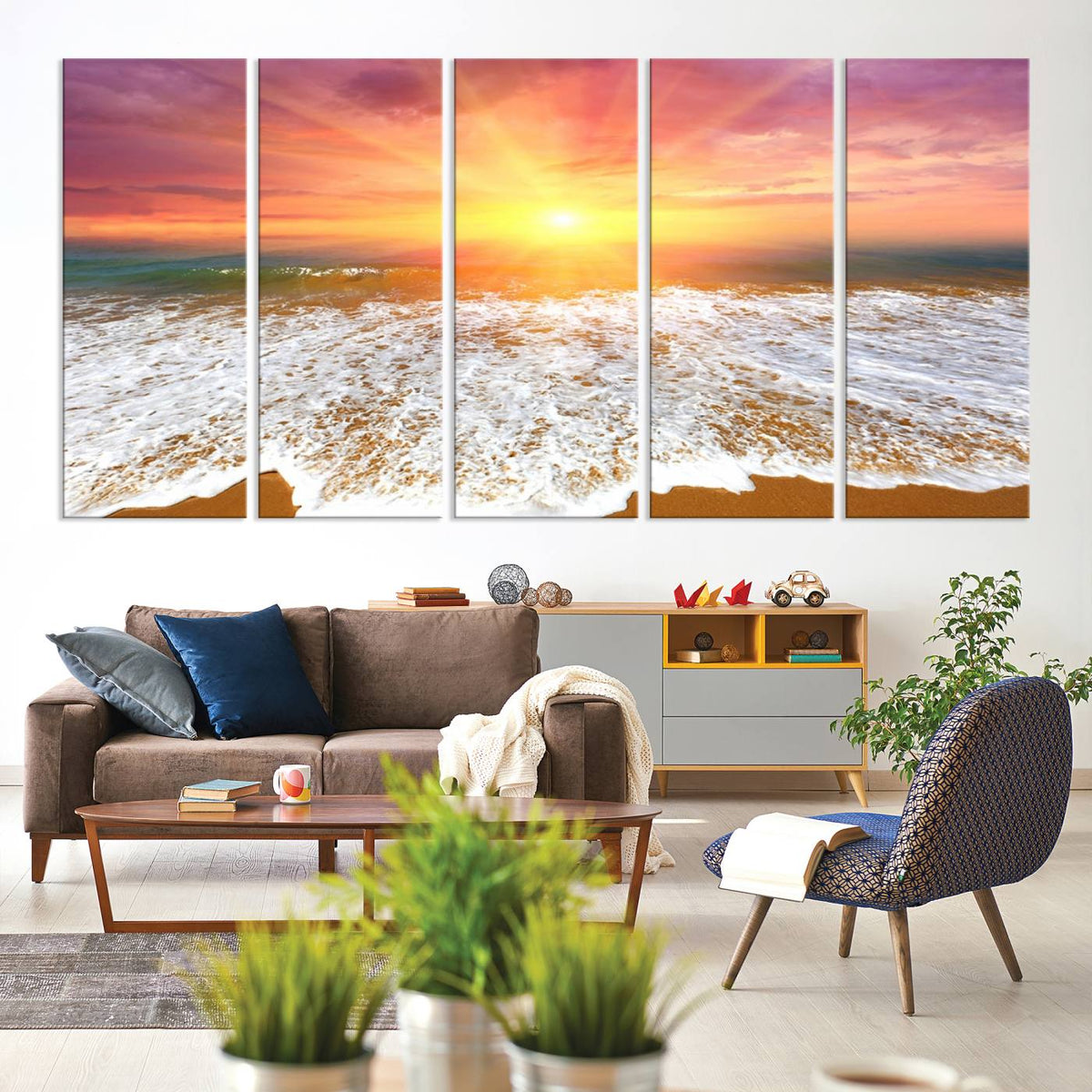 Golden Beach Sunrise Canvas Wall Art, 3-Panel Giclee Print