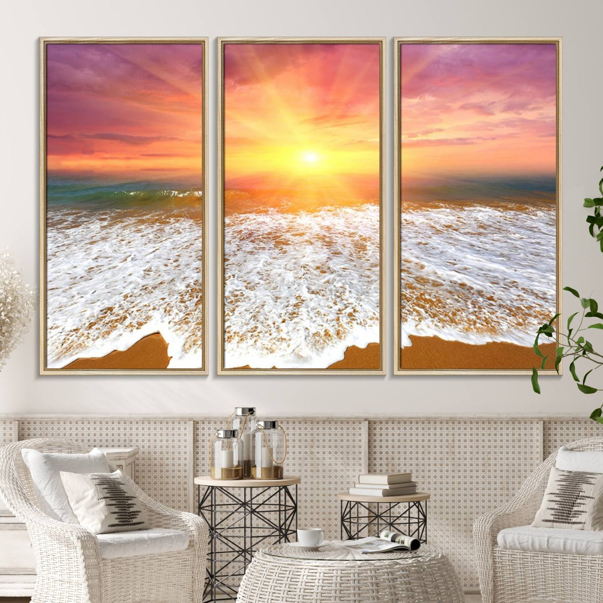 Golden Beach Sunrise Canvas Wall Art, 3-Panel Giclee Print