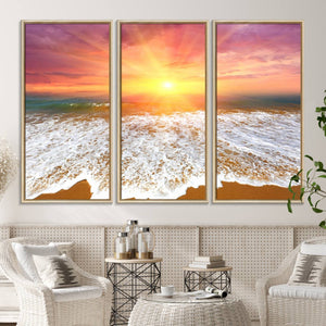 Golden Beach Sunrise Canvas Wall Art, 3-Panel Giclee Print
