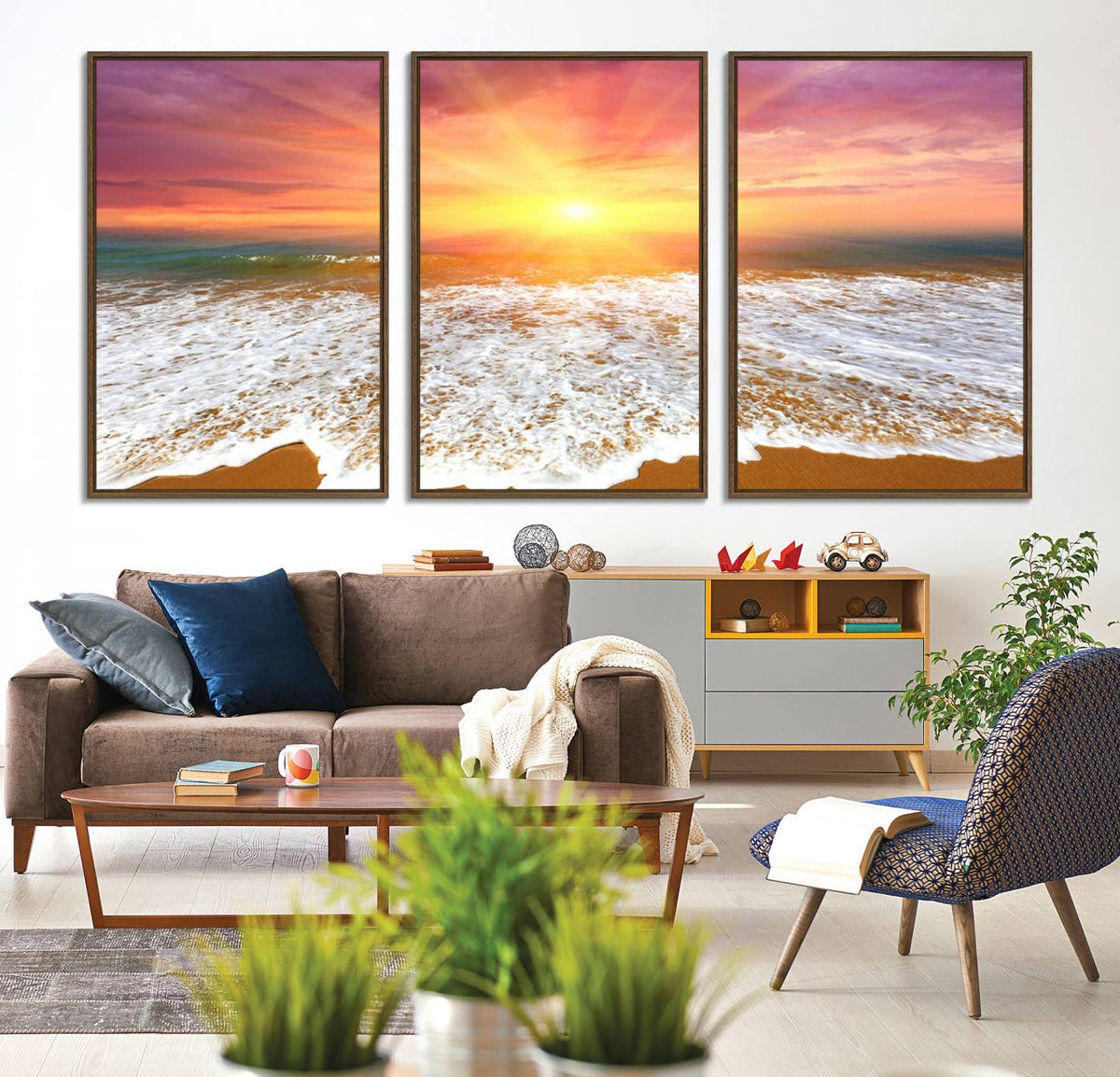Golden Beach Sunrise Canvas Wall Art, 3-Panel Giclee Print