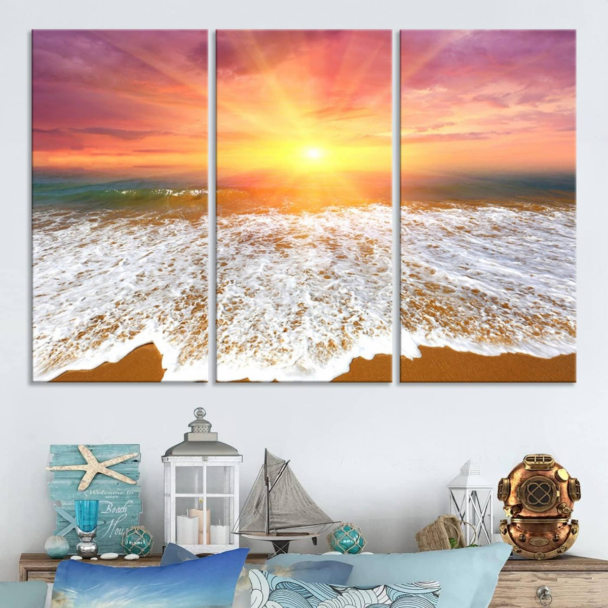 Golden Beach Sunrise Canvas Wall Art, 3-Panel Giclee Print