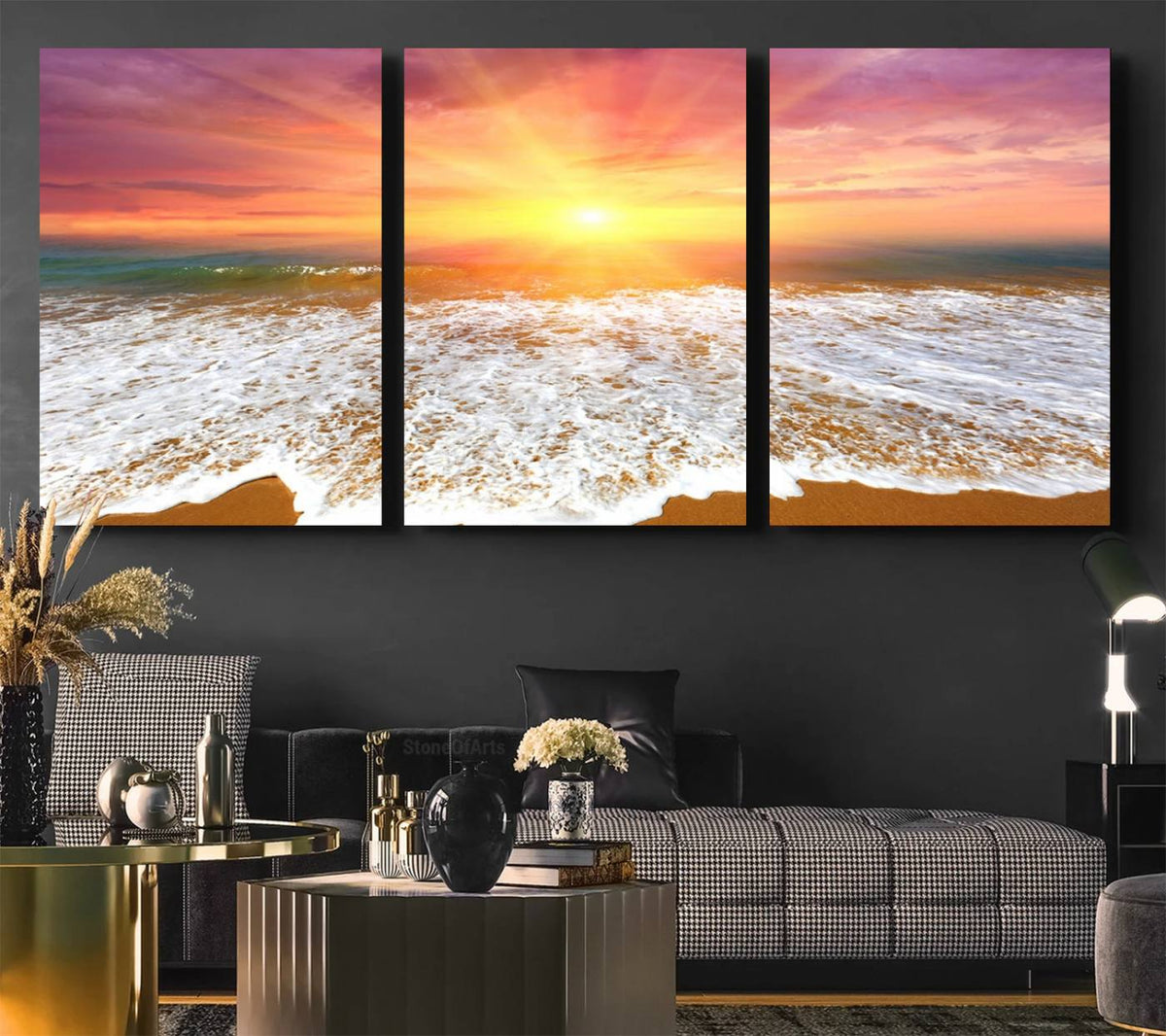 Golden Beach Sunrise Canvas Wall Art, 3-Panel Giclee Print