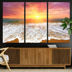 Golden Beach Sunrise Canvas Wall Art, 3-Panel Giclee Print