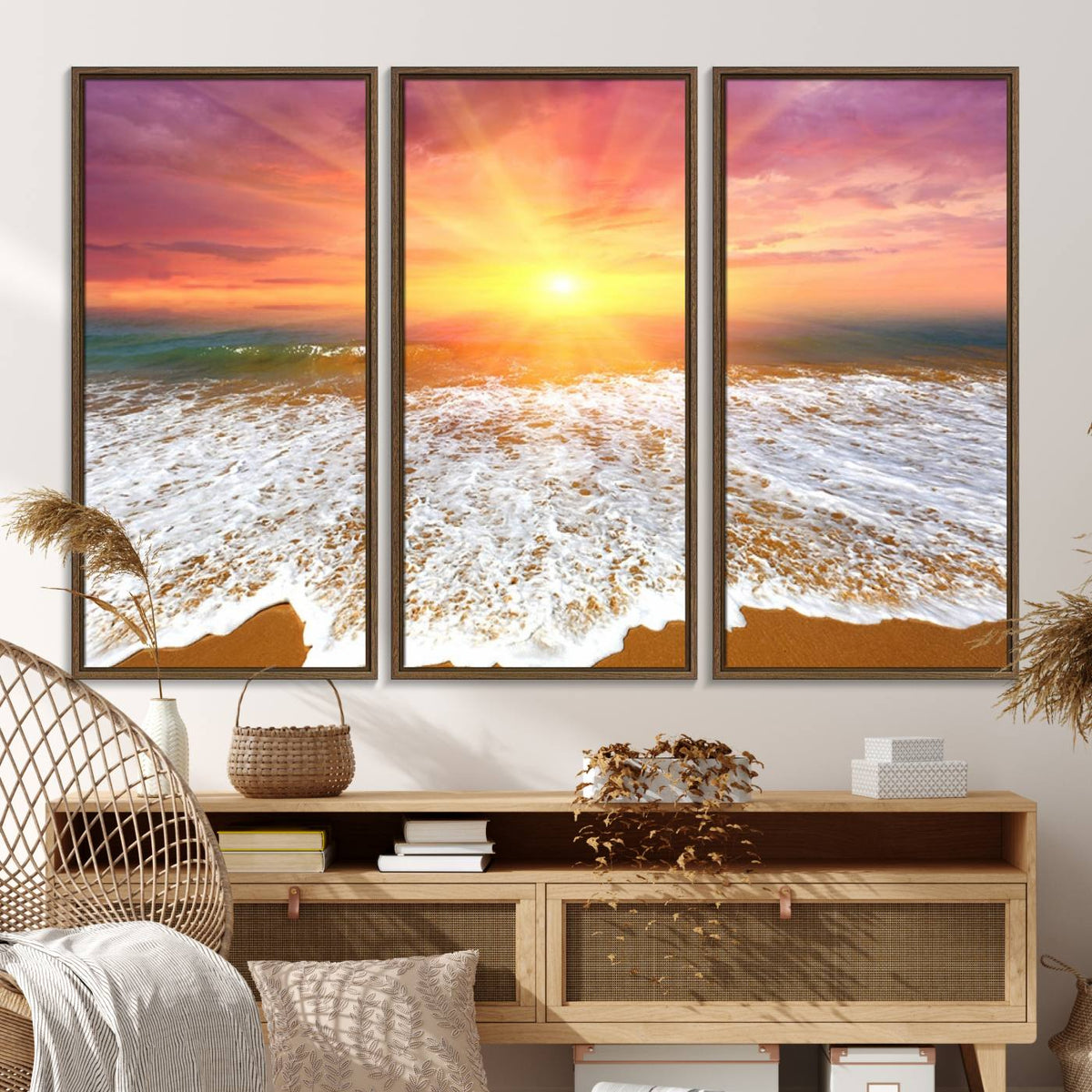 Golden Beach Sunrise Canvas Wall Art, 3-Panel Giclee Print