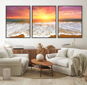 Golden Beach Sunrise Canvas Wall Art, 3-Panel Giclee Print