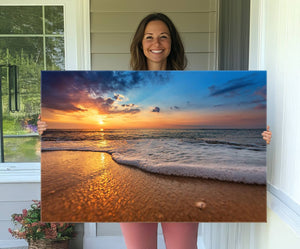 Golden Sunset Beach Waves Canvas Print, Triptych Canvas Wall