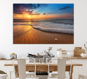 Golden Sunset Beach Waves Canvas Print, Triptych Canvas Wall