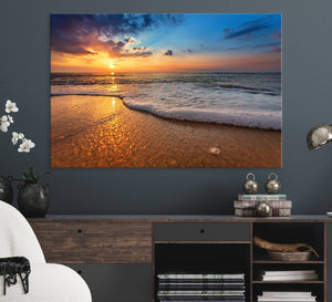 Golden Sunset Beach Waves Canvas Print, Triptych Canvas Wall
