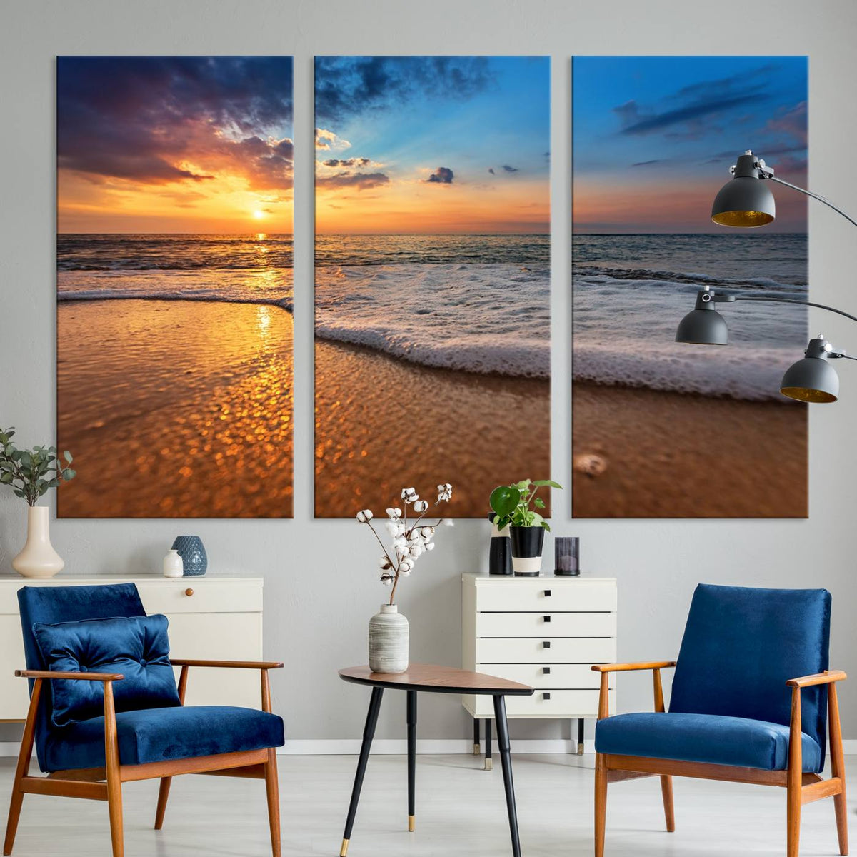 Golden Sunset Beach Waves Canvas Print, Triptych Canvas Wall