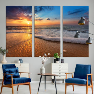 Golden Sunset Beach Waves Canvas Print, Triptych Canvas Wall