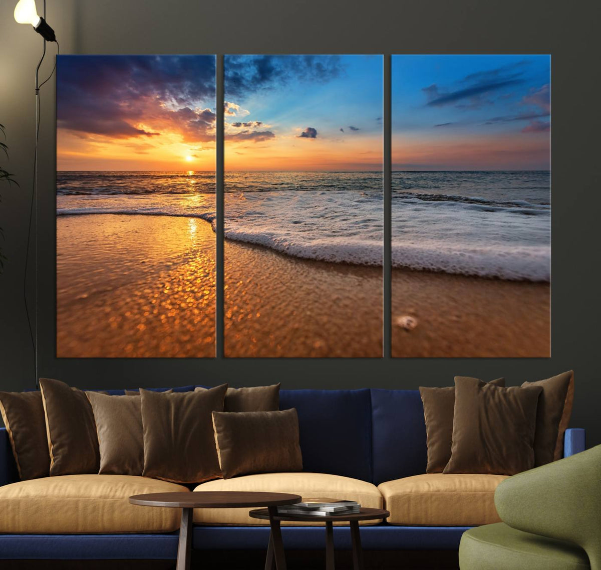 Golden Sunset Beach Waves Canvas Print, Triptych Canvas Wall