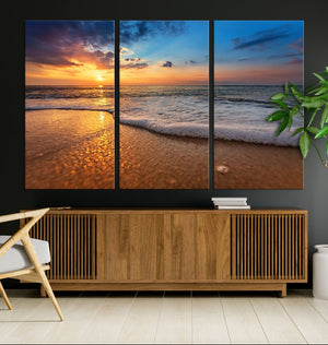 Golden Sunset Beach Waves Canvas Print, Triptych Canvas Wall