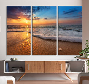 Golden Sunset Beach Waves Canvas Print, Triptych Canvas Wall