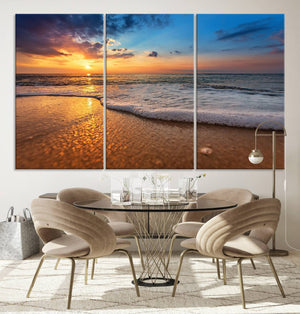 Golden Sunset Beach Waves Canvas Print, Triptych Canvas Wall