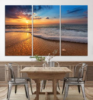 Golden Sunset Beach Waves Canvas Print, Triptych Canvas Wall