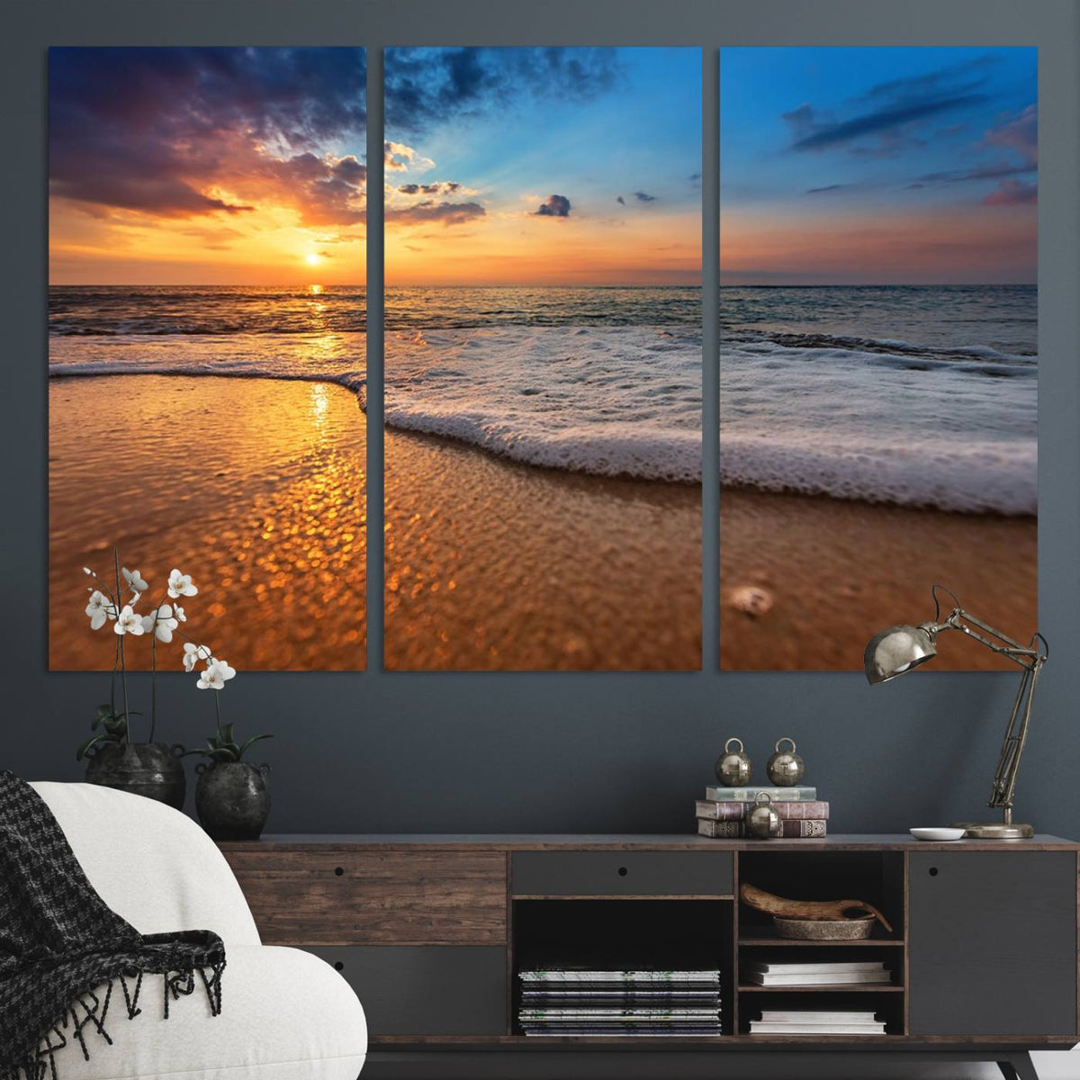 Golden Sunset Beach Waves Canvas Print, Triptych Canvas Wall