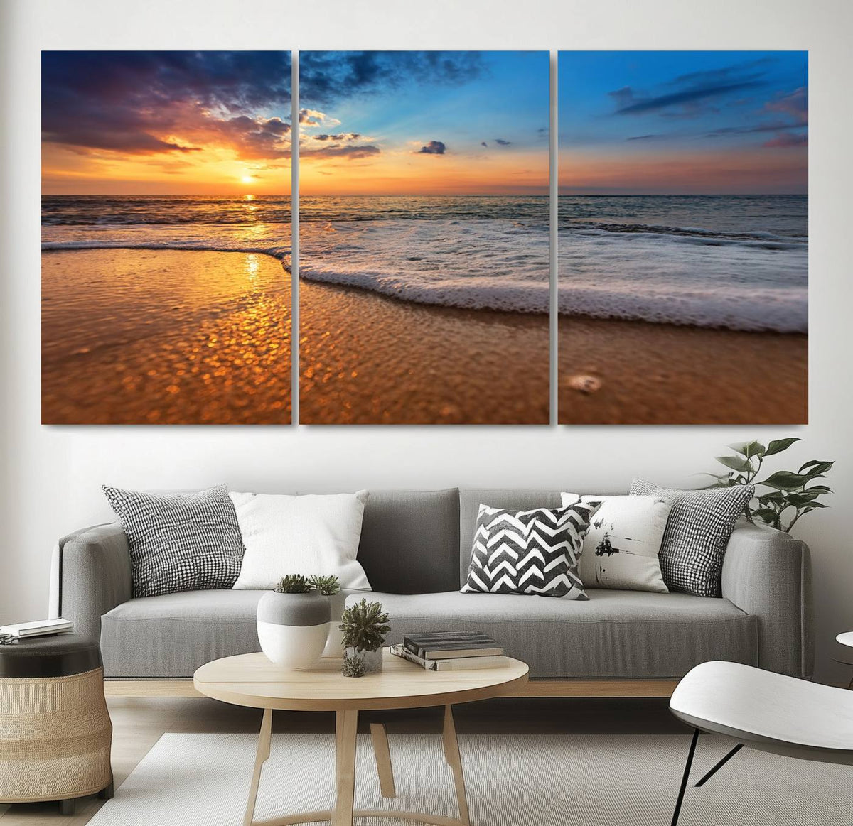 Golden Sunset Beach Waves Canvas Print, Triptych Canvas Wall