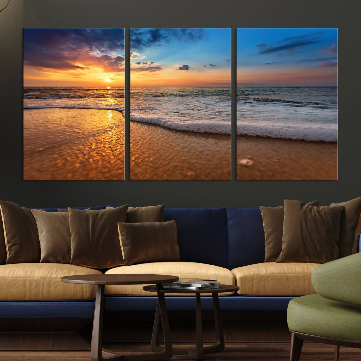 Golden Sunset Beach Waves Canvas Print, Triptych Canvas Wall