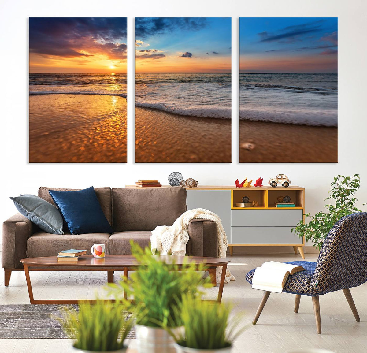 Golden Sunset Beach Waves Canvas Print, Triptych Canvas Wall