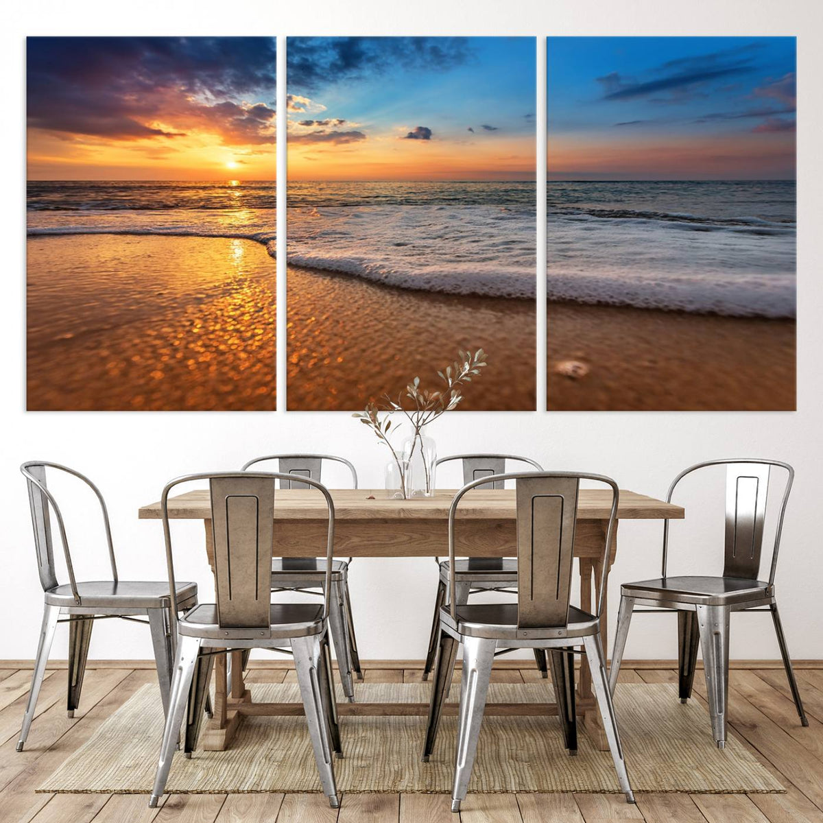 Golden Sunset Beach Waves Canvas Print, Triptych Canvas Wall
