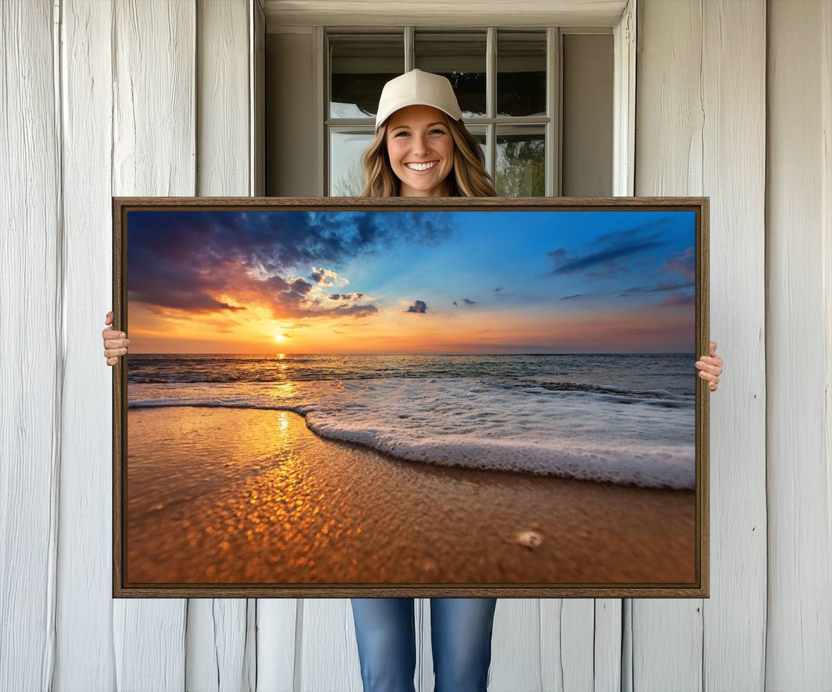 Golden Sunset Beach Waves Canvas Print, Triptych Canvas Wall