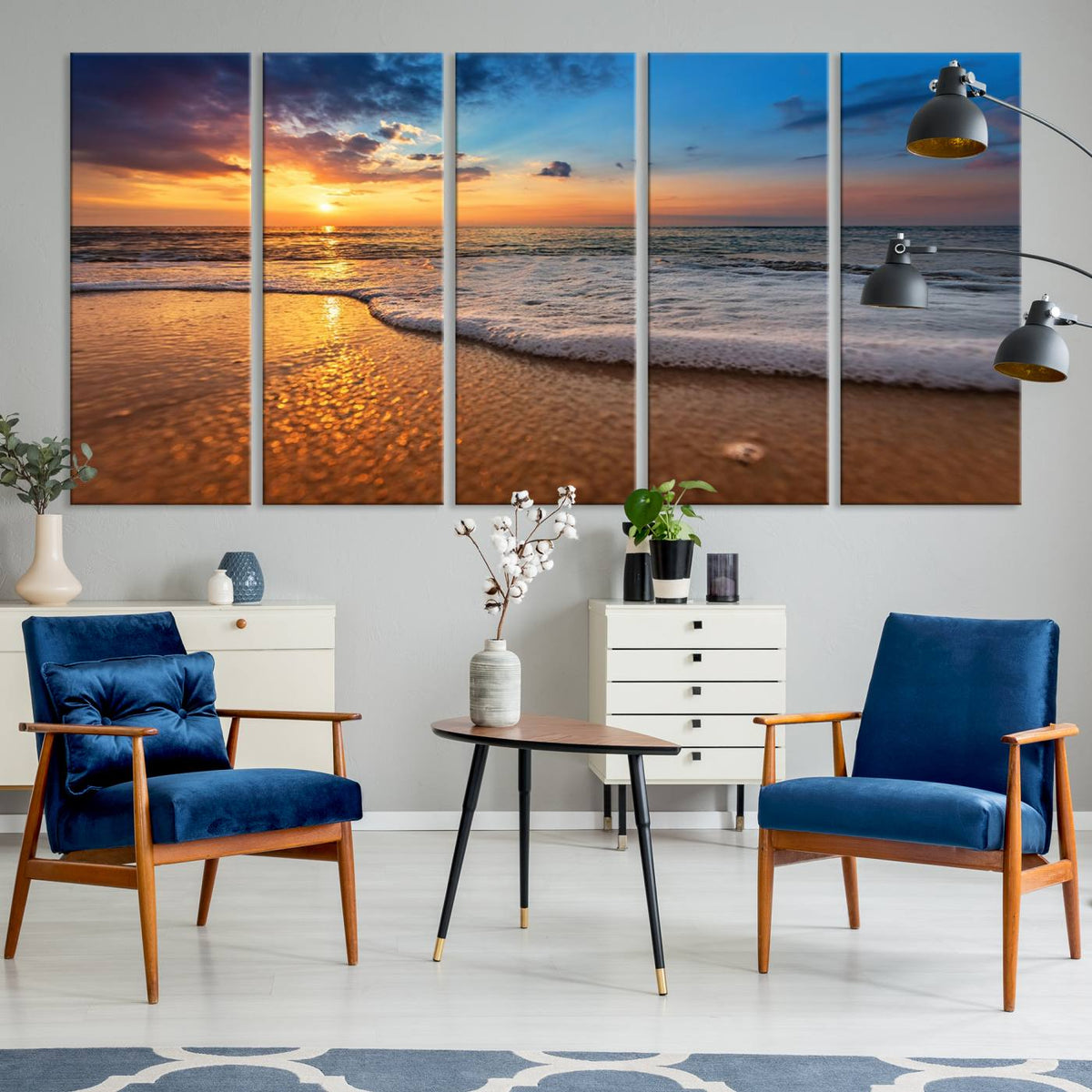 Golden Sunset Beach Waves Canvas Print, Triptych Canvas Wall