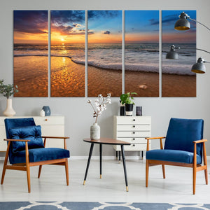 Golden Sunset Beach Waves Canvas Print, Triptych Canvas Wall
