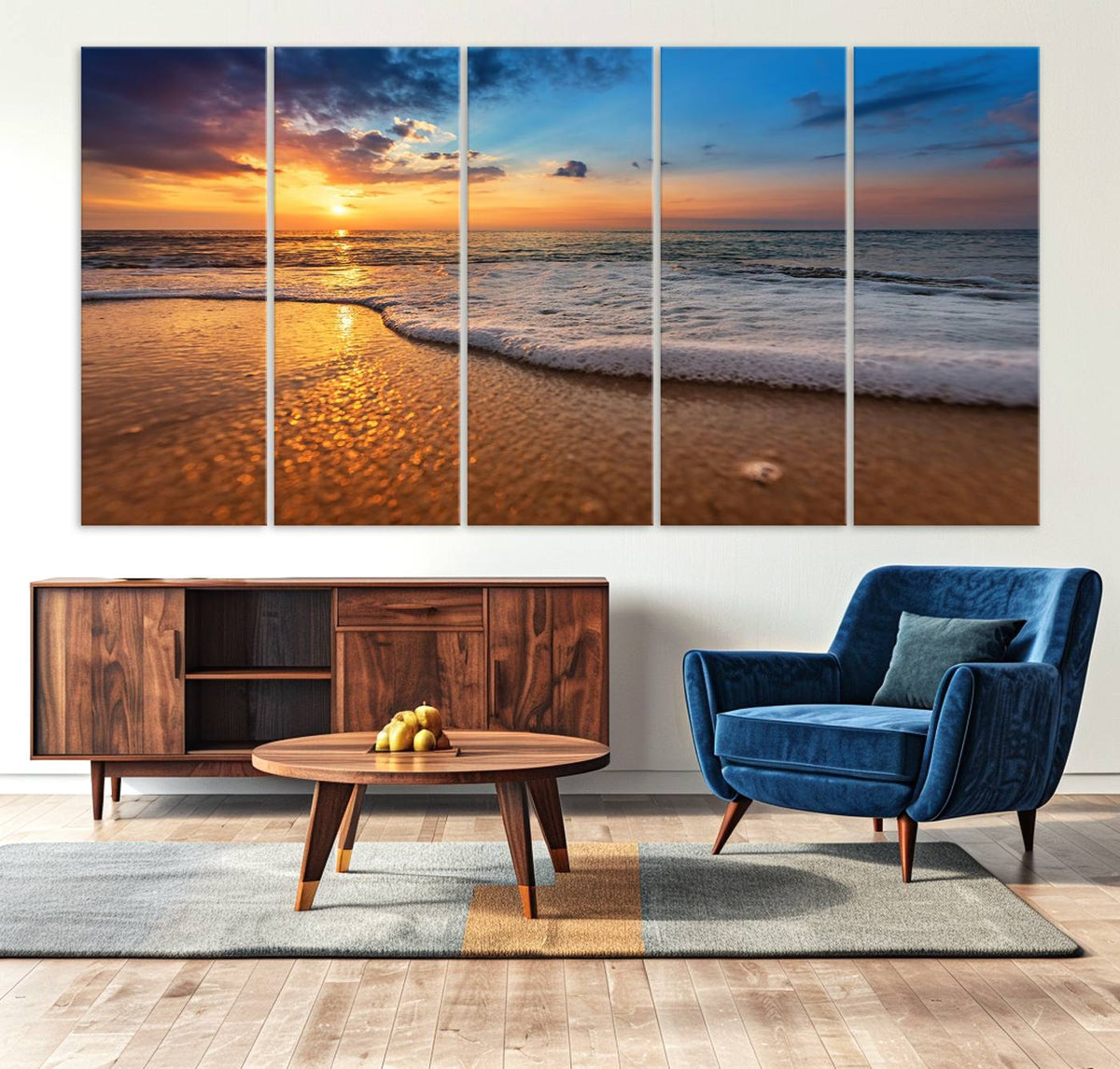 Golden Sunset Beach Waves Canvas Print, Triptych Canvas Wall