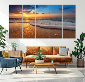 Golden Sunset Beach Waves Canvas Print, Triptych Canvas Wall