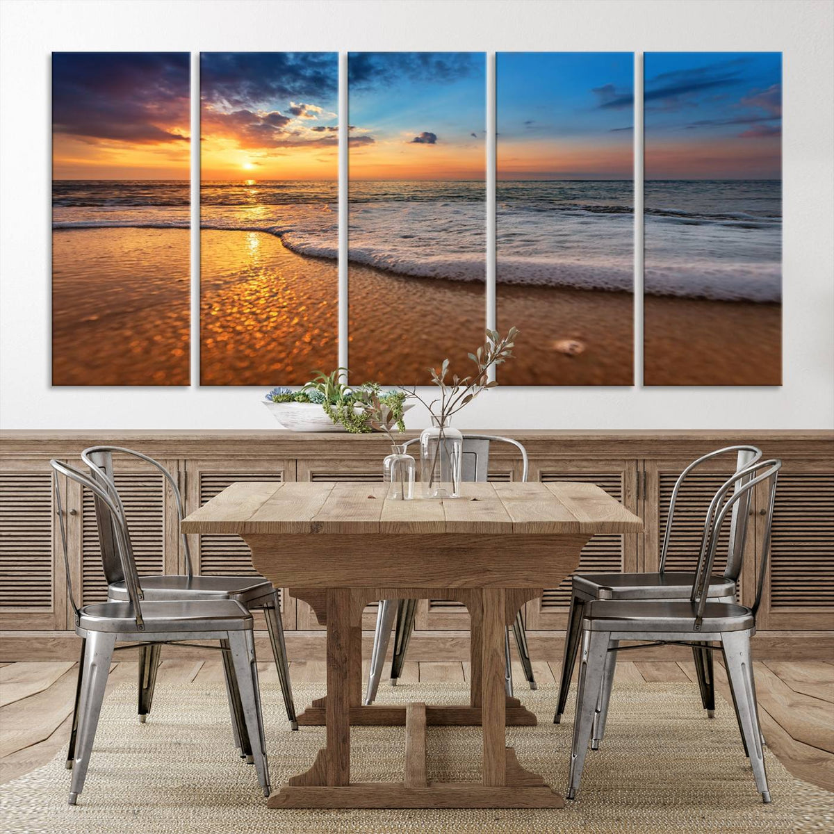 Golden Sunset Beach Waves Canvas Print, Triptych Canvas Wall