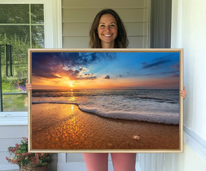 Golden Sunset Beach Waves Canvas Print, Triptych Canvas Wall