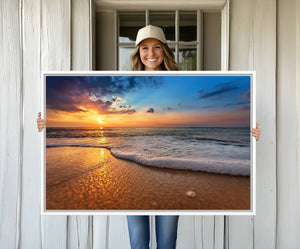 Golden Sunset Beach Waves Canvas Print, Triptych Canvas Wall