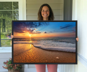 Golden Sunset Beach Waves Canvas Print, Triptych Canvas Wall