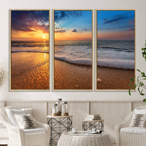 Golden Sunset Beach Waves Canvas Print, Triptych Canvas Wall