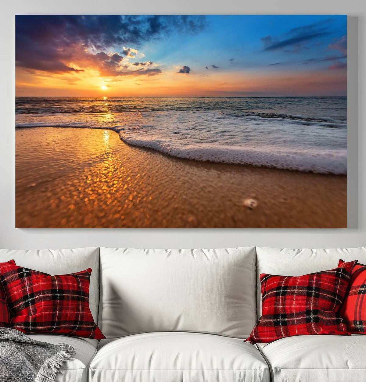 Golden Sunset Beach Waves Canvas Print, Triptych Canvas Wall