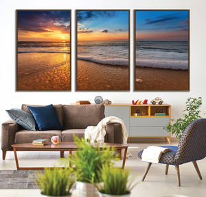 Golden Sunset Beach Waves Canvas Print, Triptych Canvas Wall